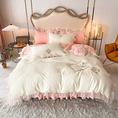 Luxury Embroidered Soft Brushed Washed Princess Bedding Set Lace Ruffles Quilt/Duvet Cover Bed Skirt Or Bed Linen Pillowcases