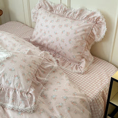 YICKYUE  Korean Princess Style Ruffles Flower Print Bedding Set Duvet Cover Set Bed Skirt Bedspread Pillowcases 100% Cotton Home Textile