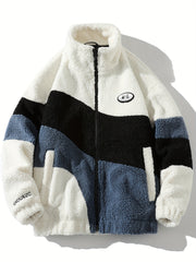 Hearujoy Warm Color Block Fleece Jacket - Men's Casual Stand Collar Zip Up Long Sleeve Outwear With Pockets For Outdoor