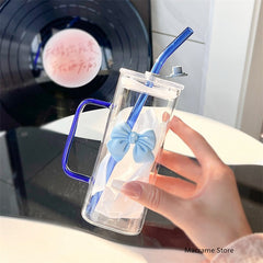YICKYUE  -  Transparent Simple Square Water Cup with Lid Girl's Ins Wind Glass Straw Cup High Temperature Resistant Coffee Milk Cup Handle