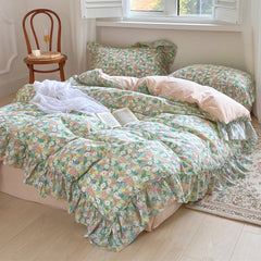 Yickyue 100% Cotton French Vintage Pastoral Princess Landscape Printed Bedding Set Romantic Ruffle Duvet Cover Set Bed Sheet Pillowcases