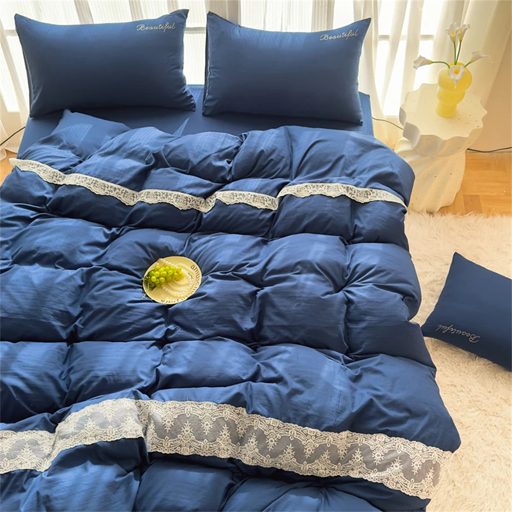 Yickyue  Solid Color Class A Wash Cotton Bedding Set Duvet Cover with Bed Sheet Queen King Size Quilt Cover Soft Comforter Four Piece Set