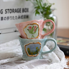 YICKYUE  -  Retro Irregular Ceramic Mug, Hand-painted, Oil Painting Style, Coffee Breakfast Cup, Birthday Gift, Drink Set