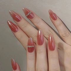YICKYUE  -  24Pcs Simple Fake Nails Full Cover Nail Tips Long Almond False Nails with Diamond Chain Designs Wearable Oval Press on Nails