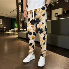 Hearujoy Vintage Tie Dye Ink Painting Casual Pants Men Ethnic Style Flower Pattern Lightweight Ice Silk Straight Leg Trousers Summer