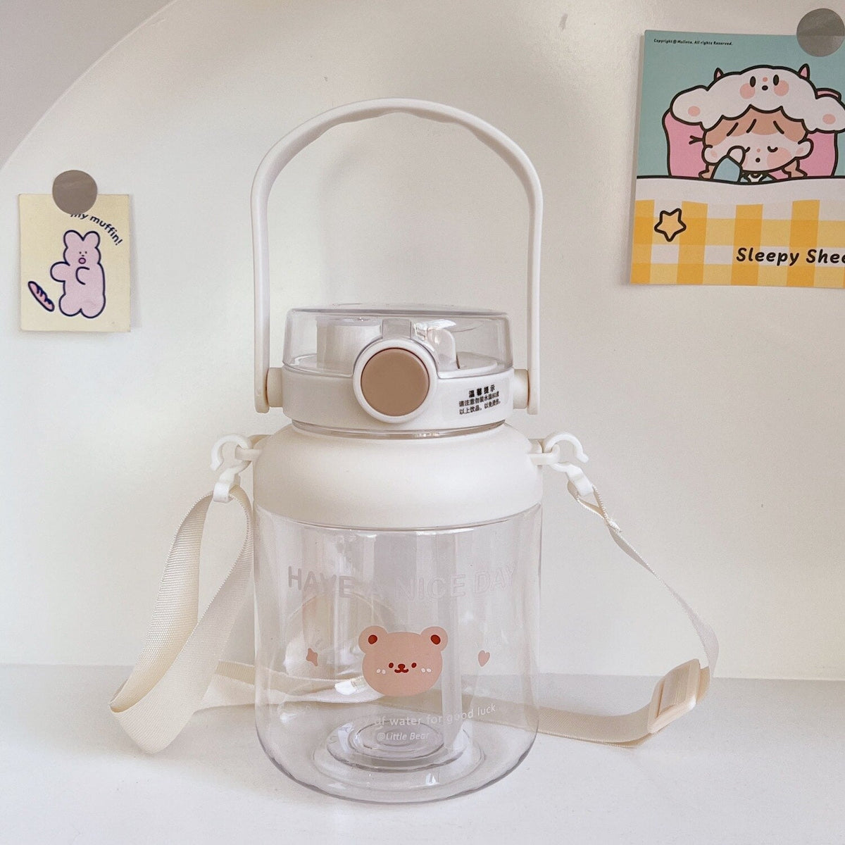 Kawaii Straw Cup Creative Cute Bear Plastic Cup Cute Water Cup Portable Oblique Cross Sports Kettle Big Belly Cup Water Bottle