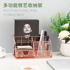 Yickyue New Rose Gold Desk Drawer Storage Box  Storage Magazine Rack with Pen Holder Handmade Metal File Office Organizer Paper Tray