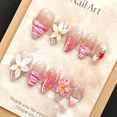 YICKYUE  -  10pcs Handmade Press on Nails Japanese Lily Flower Pink Almond False Nail Full Cover Wearable Hand Carving Korean Fake Nail Tips