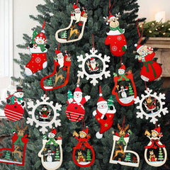 5Pcs Wooden Pendants 3D Hanging Christmas Tree Ornaments Santa Claus Reindeer Wood Chips Xmas Decorations For Home Navidad 2022