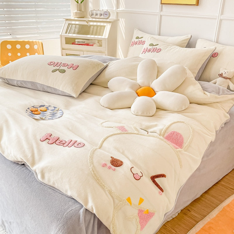 Yickyue Cute Bed Linens Set Winter Thickened Warm Plush Duvet Cover Sheet Pillowcase 4pcs Luxury Bedding Set Kid Christmas New Year Gift