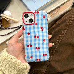 YICKYUE   -  Ins Blue Check Red Cherry Phone Case For Iphone 16Pro 15Pro 14ProMax 13ProMax 16 12 13 14 15 Pro Max Contrast Color Chain Fundas