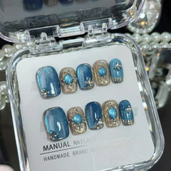 YICKYUE  -  10Pcs Square Head Press On Nails Blue Cat Eye Handmade Fake Nails Shiny Gold Edge Artificial Art Manicure Full Cover Nail Tips