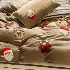 YICKYUE  -  Brown Cute Christmas Bear Embroidery Bedding Set Single Double Queen Size Duvet cover Set Bed Sheet Pillowcases Christmas Gifts