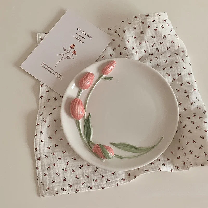 YICKYUE  -  8'' Korea Tulip Plate Ceramic Cake Dish Snack Tray Jewelry Dish Decorative Plate Bowl Trays Decorative Nordic Shop Dishes