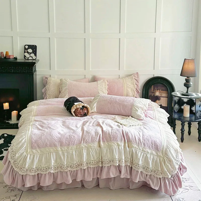 YICKYUE  -  Vintage French Style Princess Lace Ruffles Carved Velvet Bedding Set Duvet Cover Bed Sheet/Fitted Sheet/Bed Skirt Pillowcases