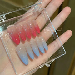 Yickyue Bow Ice Translucent Sense Handmade Wearable Fake Nail Gradient AB Asymmetric Almond false Nails Trim Nail Shape Nail Decoration