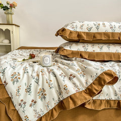 Yickyue Retro Double-Layer Yarn Cotton Linen Quilt Four-Piece Lace Cotton Linen Summer Cooling Quilt Washable Air Conditioning Quilt