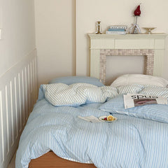 YICKYUE  -  INS Korean Minimalist Stripe Cotton Bedding Set – Nordic Style with Bow Tie Detail | 4 Pieces