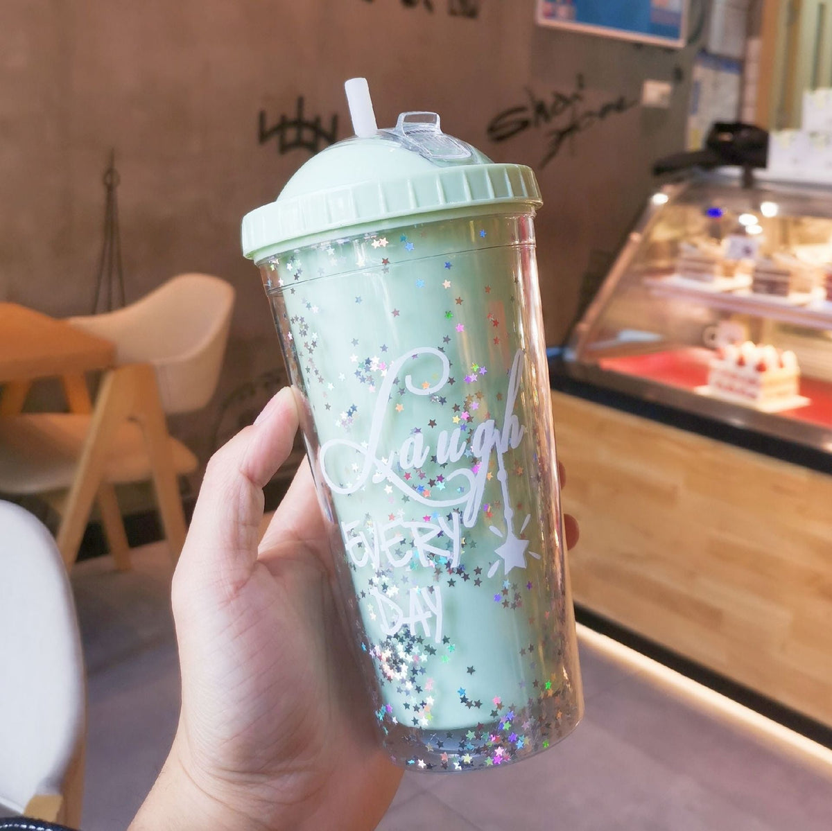 550ML Kawaii Creative Rainbow Plastic Water Cup  Large Capacity Ladies Straw Cup Double Color Bead Smooth Drink CupDrink Cup