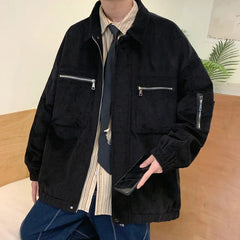 YICKYUE  -  Autumn Corduroy Jacket Men Fashion Retro Pocket Cargo Jackets Mens Japanese Streetwear Hip-hop Loose Bomber Jacket Men Coat