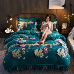 4pcs Set Winter Warm Thicken Short Plush Bedding Set Printing Flannel Duvet Cover Flat Sheet Pillowcase King Queen Bedding Set