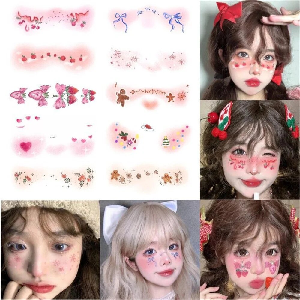 Yickyue 2/4/10 Tattoo Stickers Face Christmas Makeup Disposable Cute Snowflake Elk Blusher Love Sweet Korean Makeup Decorative Stickers