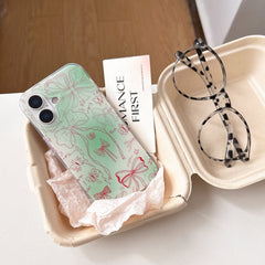 YICKYUE  -  Korean ins Gradient Green Cartoon Red Line Bow Butterfly Bracelet Phone Case for iPhone 16 15 14 13 Pro Max Back Cover Fund