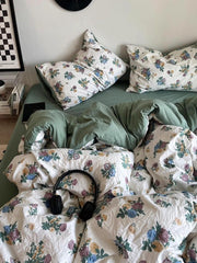 YICKYUE  -  Korean Style Ins Retro Fresh Floral Washed Cotton Bed Four Piece Duvet Set, Student Dormitory Bed Sheet Three Piece Set