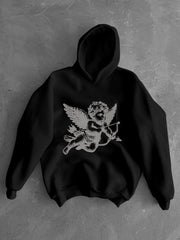 Hearujoy Men's Casual Cupid Angel Print Hoodie - Soft Polyester, Loose Fit, Long Sleeve with Kangaroo Pocket - Ideal for Valentine's Day & Casual Attire, Hoodies for Guys