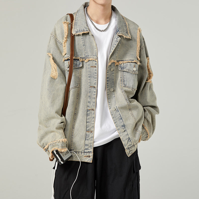 Hearujoy American Style Vintage Men Denim Jacket  Spring Autumn Loose Wash Jean Coat Retro Nostalgia Trend Holes Cowboy Outwear Top Male