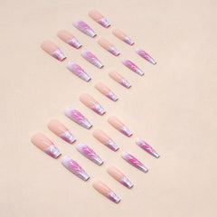 YICKYUE  -  Punk Silver Line Symbol French Blush Halo Dye Love Long Ballet Nail Full Finished False Fake Art Nail Glue Manicure Charm Woman