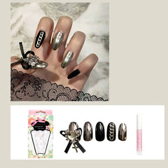 24pcs decorated false nails Transparent purple bow with long round head falis nails Manicure patch acrylic nail tips