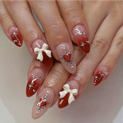 YICKYUE  -  Valentine Bowknot Pearls Rhinestones Totem Red Love Gradient Fake Nail Tip Detachable Finished False Art Nail Press on Nail Glue