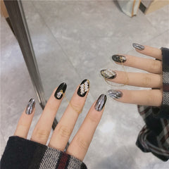24pcs Removable Black Silver False Nails Punk Zircon Gold Plated Chain Nail Extension Shiny Detachable Girl Nail Art Decoration