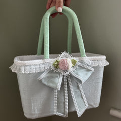 YICKYUE  -  Pastoral Picnic Basket Wedding Flower Basket French White Lace Velvet Hand Basket Romantic Bow Home Decor Storage Organizer