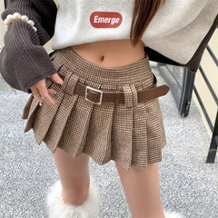 YICKYUE  -  American College Style Khaki Plaid Pleated Skirt Women's Summer Color Contrast A-line High Waist Short Skirt Femal