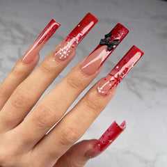 YICKYUE  -  Sparkle Gradient French Christmas Snowflake Star Black Bowknot Long Fake Nail Art Detachable Finished False Nails Press on Nails