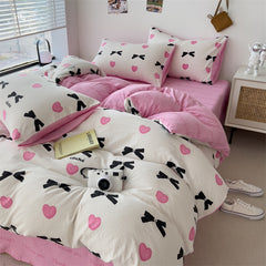 YICKYUE  -  Washed Cotton Bowknot Bedding Set Duvet Cover Pillowcase bed sheet Washed Full Size Bed Linen Duvet Cover Set Queen/King 180 220