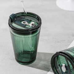YICKYUE  -  450ml Large-capacity Straw Glass Vertical Stripes Water Cup With Straw and Lid Office Home Kitchen Accessories Hand Cup Car Cup