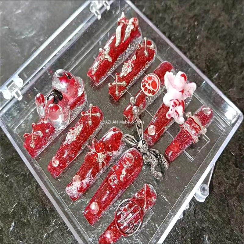 Hot Girl Style Spooky Mask Rabbit Press On Nails Y2K Handmade Halloween Fake Nail With Glue Long Coffin Acrylic False Nail Tips