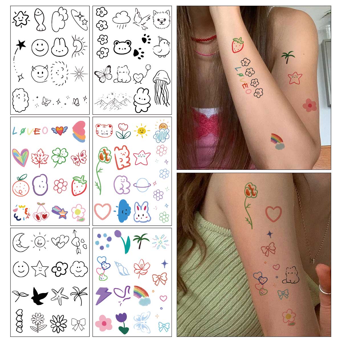 YICKYUE  -  6pcs NewCartoon Pattern Colored Flower Heart Temporary Tattoo Stickers Waterproof Magic Tattoo Disposable Tattoo Stickers