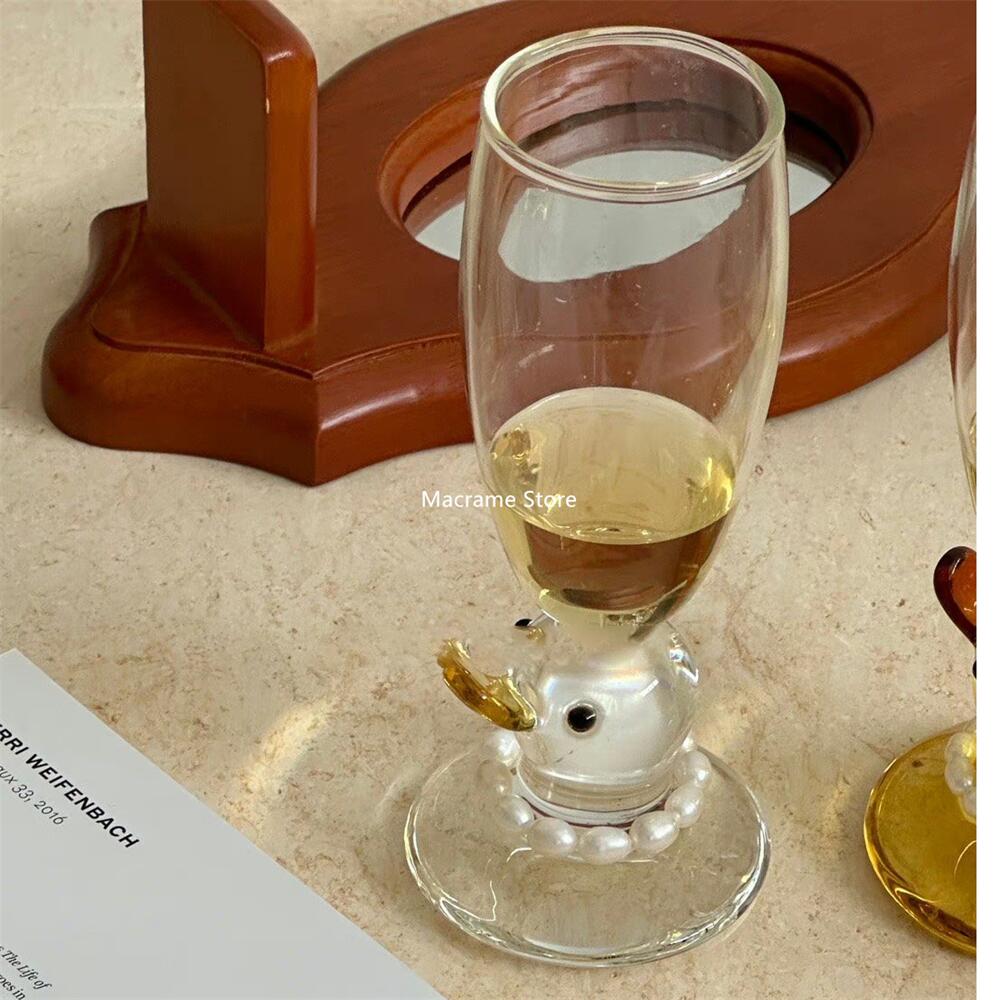 YICKYUE  -  Duck Pearl Necklace Glass, Goblet Mug, Champagne, Cocktail, Transparent Wine Cup, Barware Table Decor, Borosilicate Glass Cute