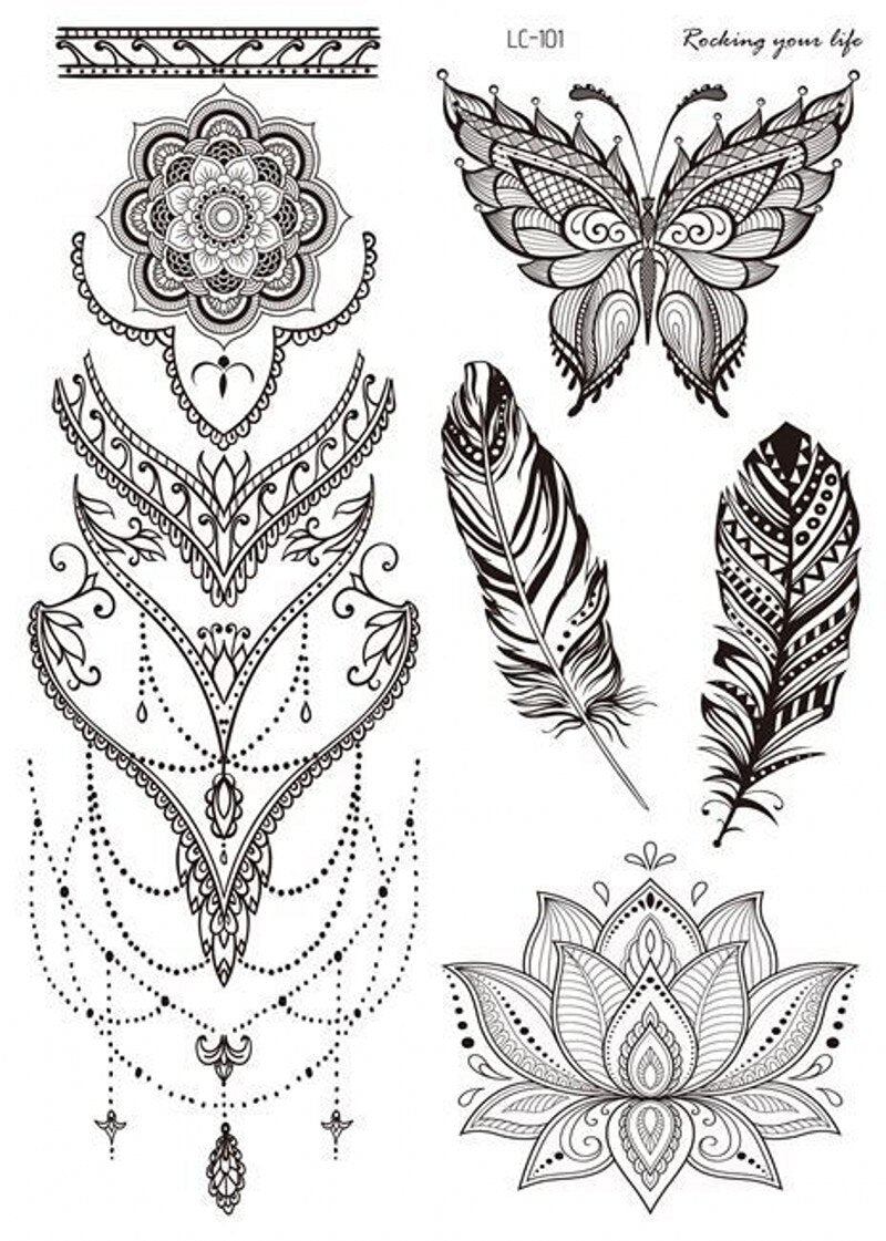 Yickyue Mandala Flower Temporary Tattoo Sticker Arm Chest Leg Water Transfer Tattoos Lion Feather Waterproof Black Body Art Fake Tatoo