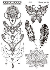 Yickyue Mandala Flower Temporary Tattoo Sticker Arm Chest Leg Water Transfer Tattoos Lion Feather Waterproof Black Body Art Fake Tatoo