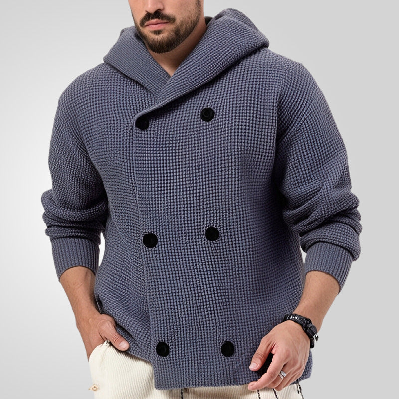 Hearujoy Autumn Winter Men Double Breasted knitted Hoodie Jacket Vintage Grey Hooded Sweater Oversized  Knit Cardigan Casual Knitwear