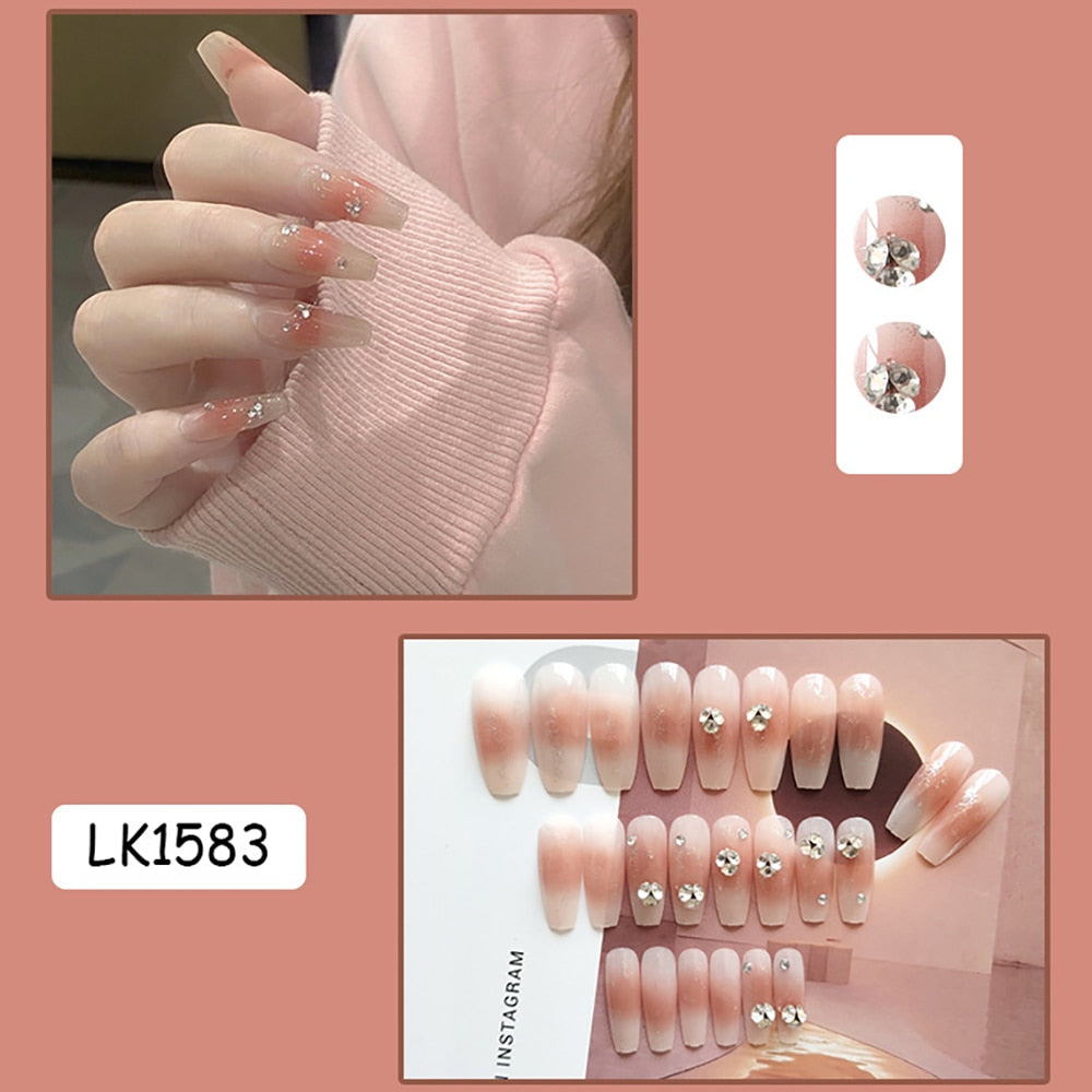 24PCS Medium Coffin Press On Nail Cute Rhinestones Design Fake Nails Full Coverage Rench Manicure Tips Free Shipping Itmes