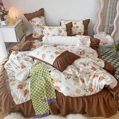 YICKYUE  -  Princess Style Pleated Lace Autumn and Winter Caramel Color Four-piece Bedding Set Quilt Cover Bed Sheet Bed Skirt Bed Sheet