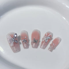 YICKYUE  -  10Pcs Handmade Blush Pink Fake Nail Long Ballet Nails Art Tip Detachable French Butterfly Design Finished Press on False Nails