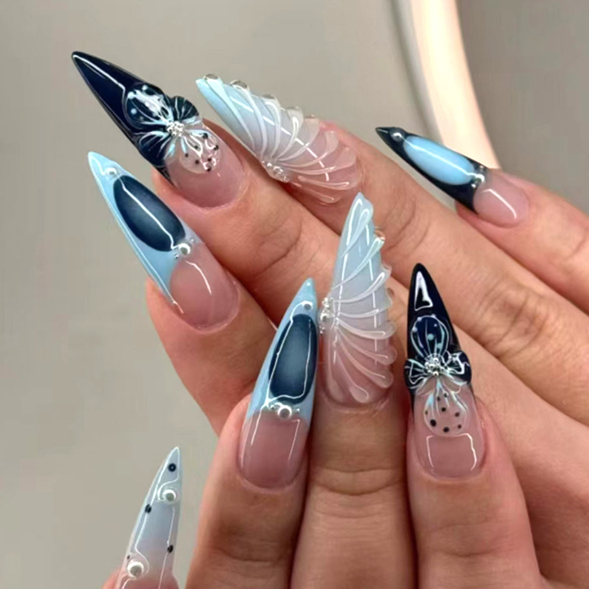 YICKYUE  -  Comics Style Stripe French Fake Y2k Nails Long Almond Press On Nails 3D Flowers Decor False Nails With Green Gradient Designs