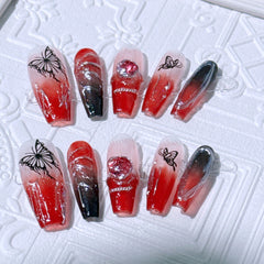 YICKYUE  -  Dark Style Personalized Butterfly Nail Art Red Black Coffin Shaped Press On Nails Halloween Gift for Girls